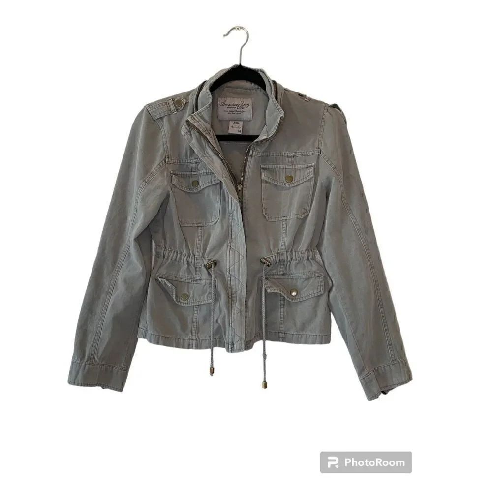 American Rag denim jacket. Light olive green. Rollable sleeves, zip front, hood.